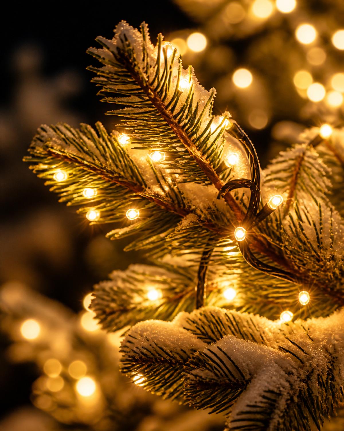 Detail of warm white lights on a snow-dusted evergreen